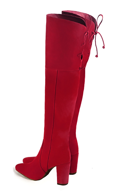 Cardinal red women's leather thigh-high boots. Round toe. High block heels. Made to measure. Rear view - Florence KOOIJMAN